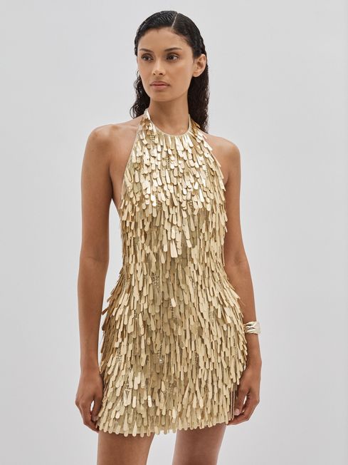 ILTA Sequinned and Beaded Halter Neck Dress in Gold