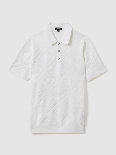 Cotton Textured Press-Stud Polo Shirt in Optic White
