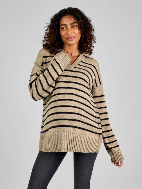 Oatmeal Black Stripe Collared Maternity Nursing Jumper JoJo Maman Bebe