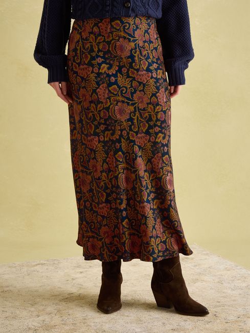 Penelope Navy Floral Satin Midi Skirt Joules