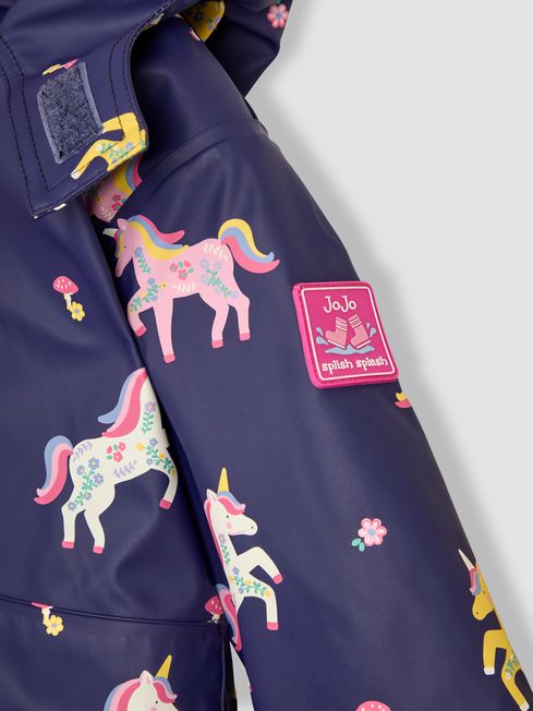 Navy Unicorn Hooded Cosy Lined Waterproof Jacket JoJo Maman Bebe