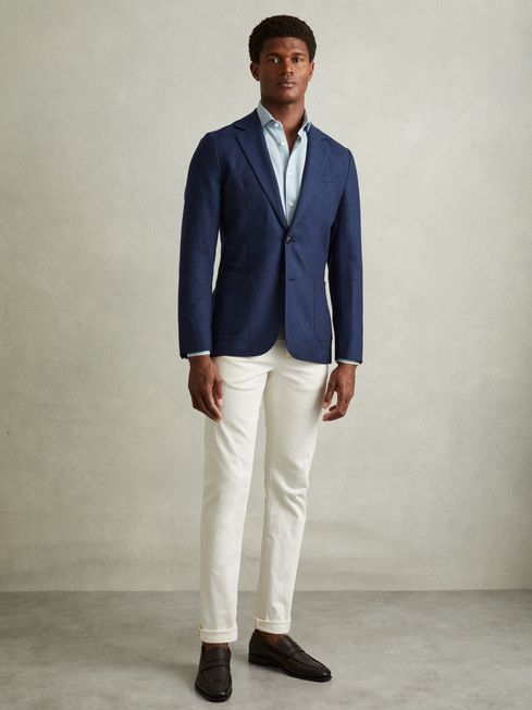 Midnight Bright Indigo Melange Wool Silk Single Breasted Twill Blazer REISS