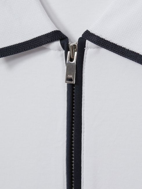 Cotton Contrast Collar Half-Zip Polo Shirt in White/Navy