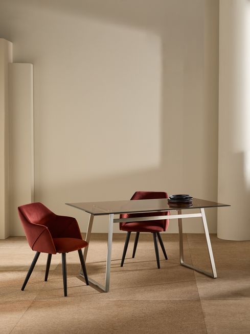 Haku Rectangular 6 Seater Dining Table in Stainless Steel Amber Glass