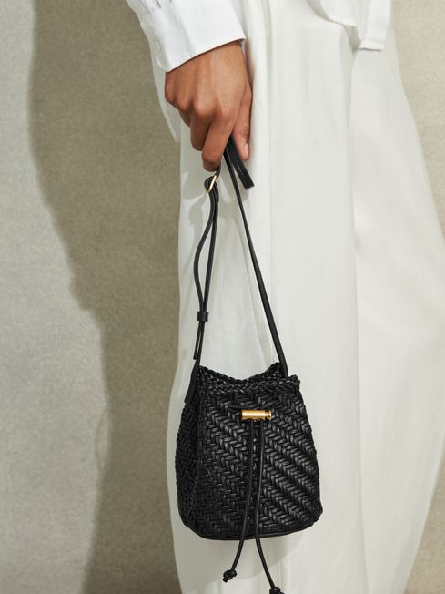 Woven Leather Bucket Bag in Black