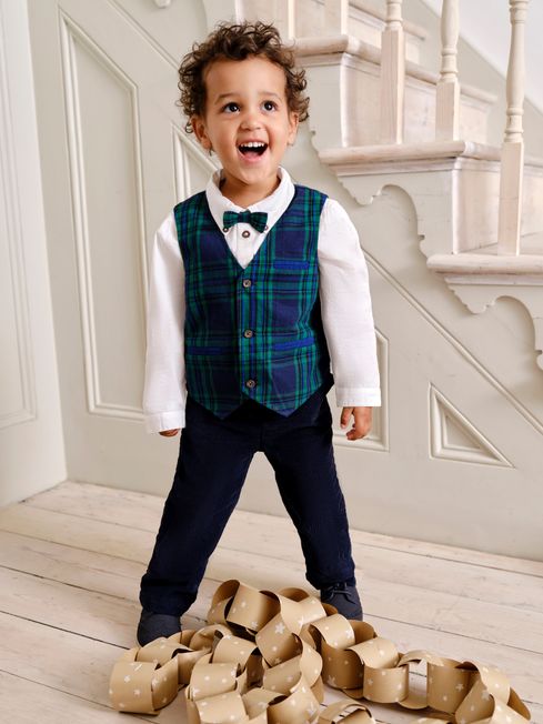Navy Tartan Waistcoat Shirt and Trousers Set JoJo Maman Bebe