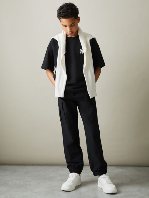 3 9 yrs Technical Drawstring Cuffed Cargo Trousers in Black REISS