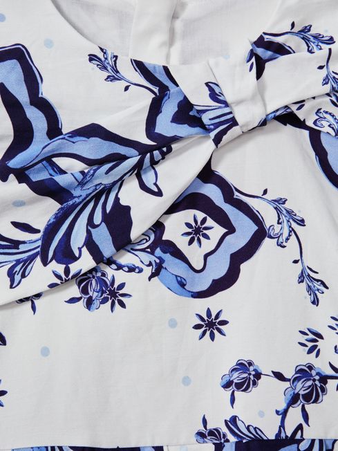 Senior Cotton Tile Print Pleated Dress in Blue Print