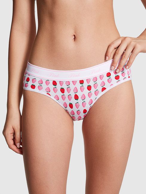 Victoria's Secret PINK Optic White Strawberry Print Cotton Logo Hipster Knickers