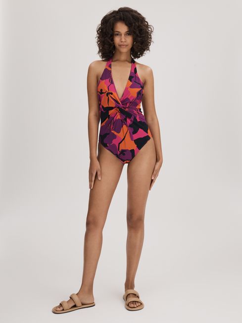 Florere Printed Twist Front Swimsuit in Pink/Orange