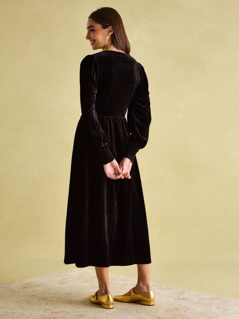 Vanessa Black Velvet Shirred Dress Joules