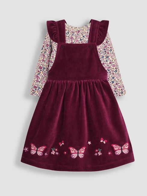 Plum Purple Butterfly Velour Applique Velour Pinafore Dress And Top Set