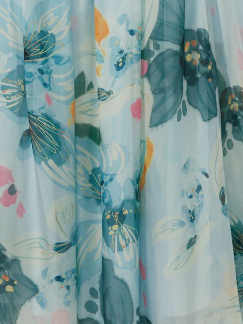 Leo Lin Silk Blend Pleated Asymmetric Maxi Dress in Blue Print