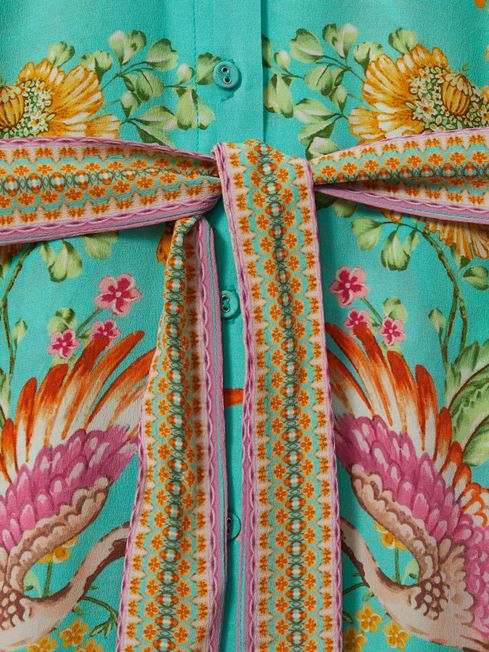 Raishma Silk Printed Belted Midi Dress in Sky Blue