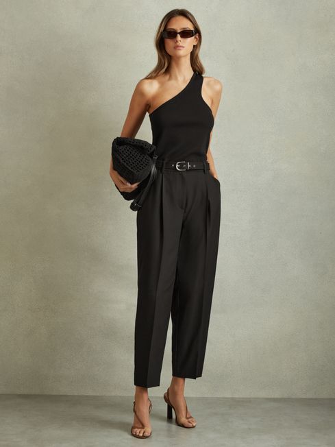 Reiss Black Freja Tapered Belted Trousers