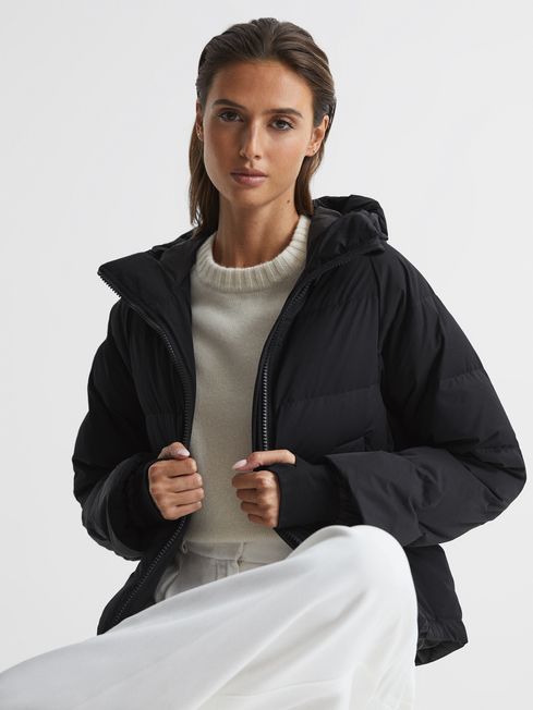 Ladies short black puffer jacket clearance