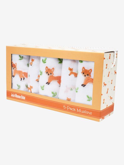 JoJo Maman Bébé White 5-Pack Gift Boxed Baby Fox Muslins