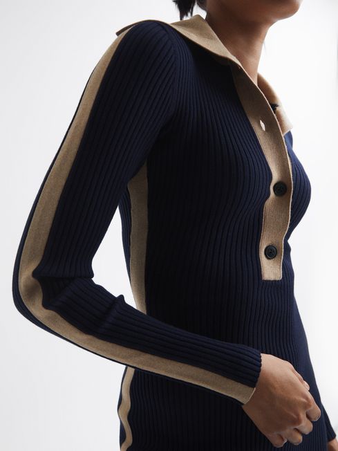 Knitted Bodycon Midi Dress in Navy/Camel