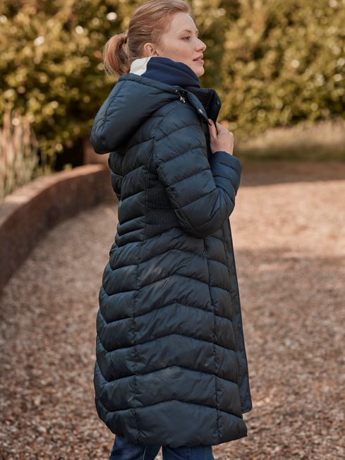 Pembury Navy Blue Showerproof Long Padded Coat With Hood Joules