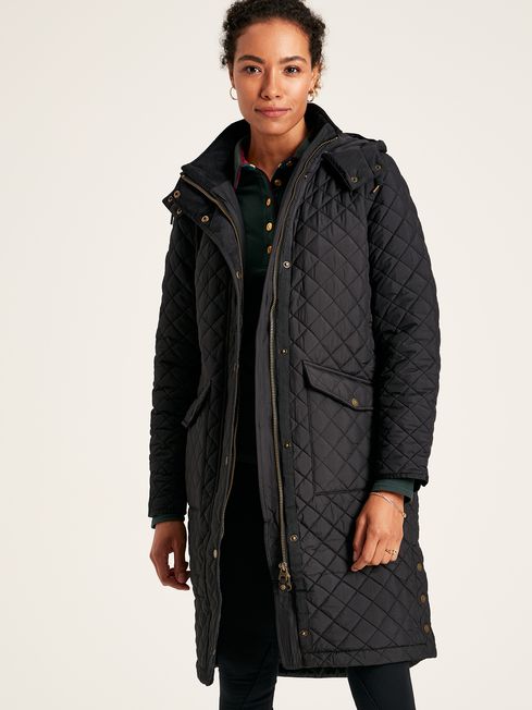 Joules Chatsworth Black Showerproof Long Diamond Quilted Coat With Hood
