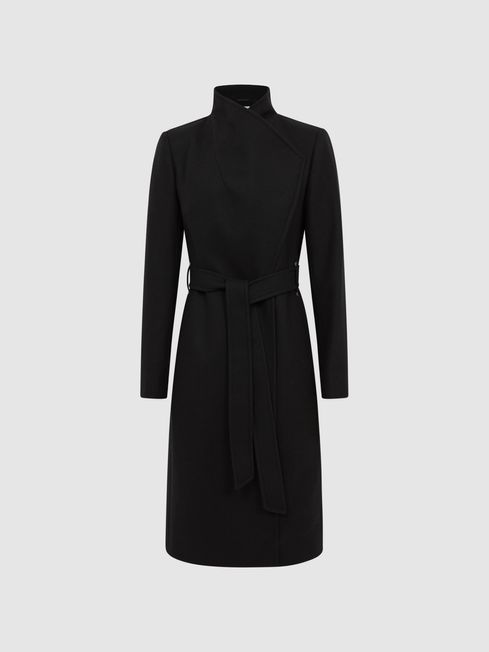 Cashmere Wool Blend Wrap Collar Belted Coat in Black