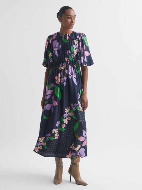 Florere Floral Puff Sleeve Midi Dress - REISS