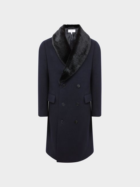 Double Breasted Faux Fur Shawl Collar Dinner Coat in Navy