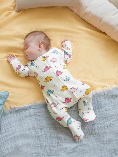 JoJo Maman Bébé Pink Dino Print Zip Cotton Baby Sleepsuit