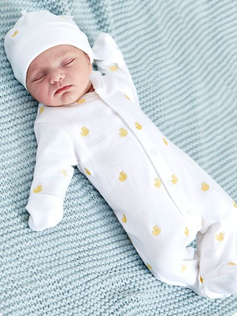 JoJo Maman Bébé Yellow Duck Embroidered Cotton Baby Sleepsuit