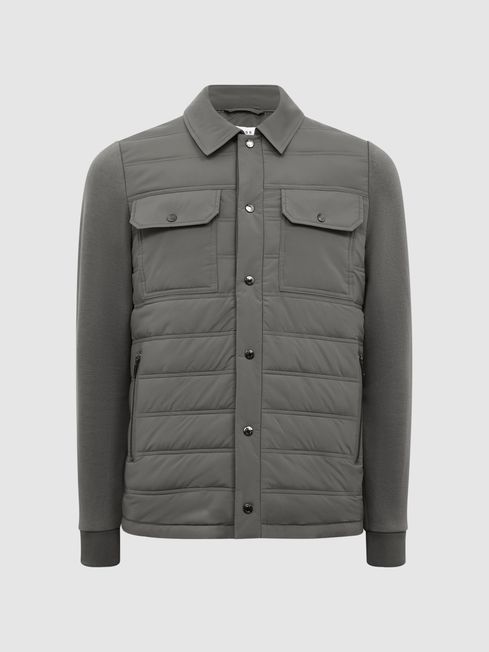 Reiss Dark Green Roddie Long Sleeve Quilted Hybrid Jacket