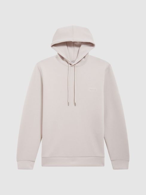 Slim Fit Interlock Drawstring Motif Hoodie in Off White REISS