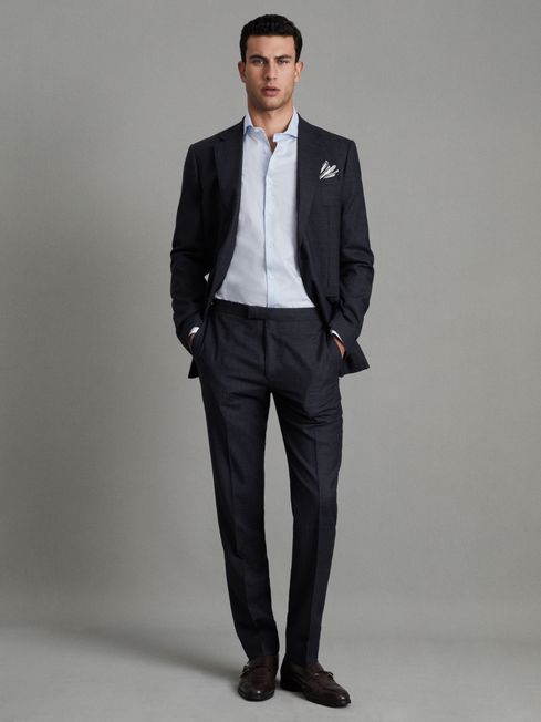 Slim Fit Wool Textured Trousers in Navy
