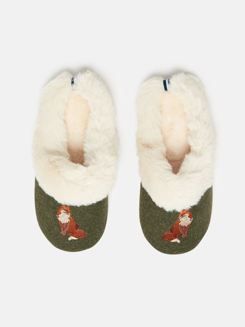 Joules Slippet Luxe Green Faux Fur Lined Embroidered Mule Slippers