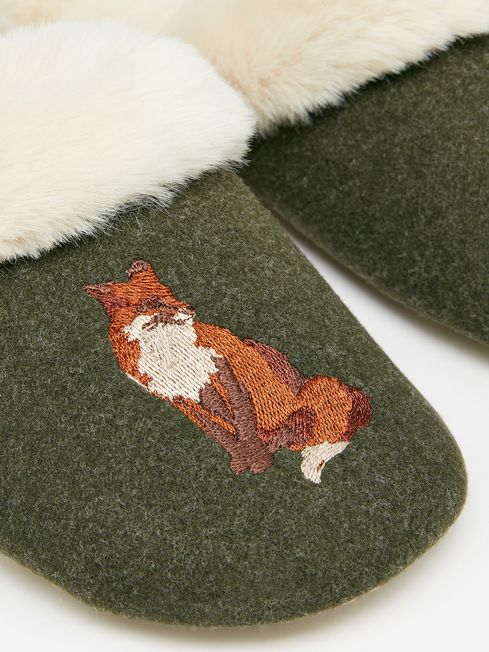 Slippet Luxe Green Faux Fur Lined Embroidered Mule Slippers Joules