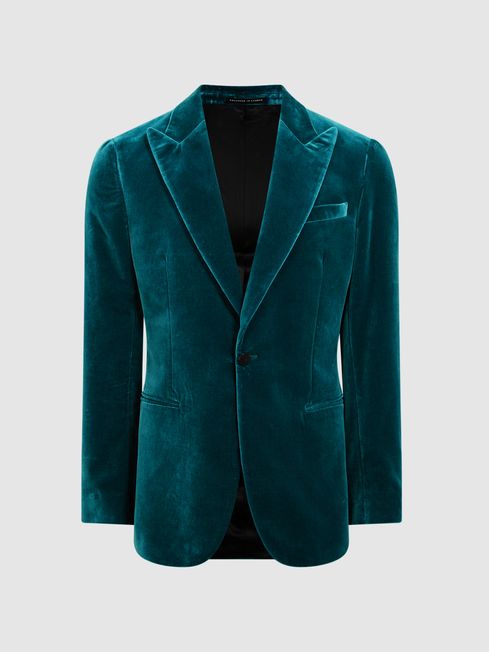 Slim Fit Single Breasted Velvet Blazer in Azure