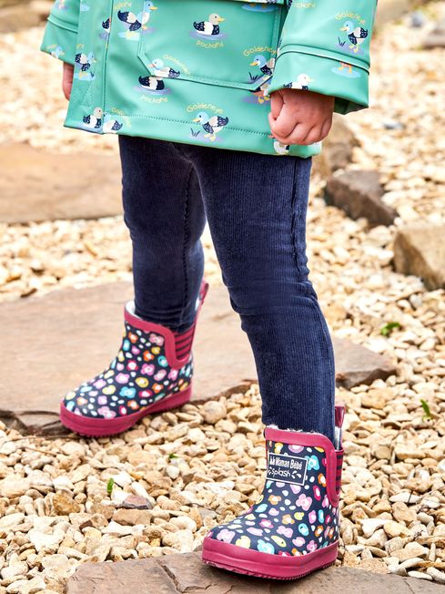 Navy Blue Cosy Lined Printed Ankle Wellies