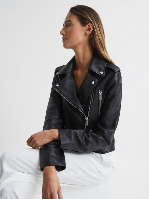 Reiss Black Santiago Leather Biker Jacket