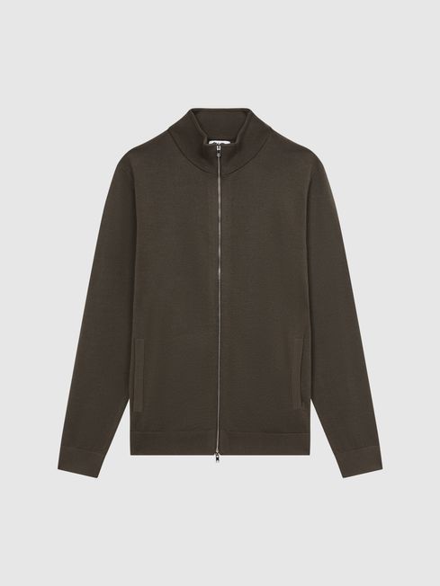 Merino Wool Funnel Neck Cardigan in Dark Military Green