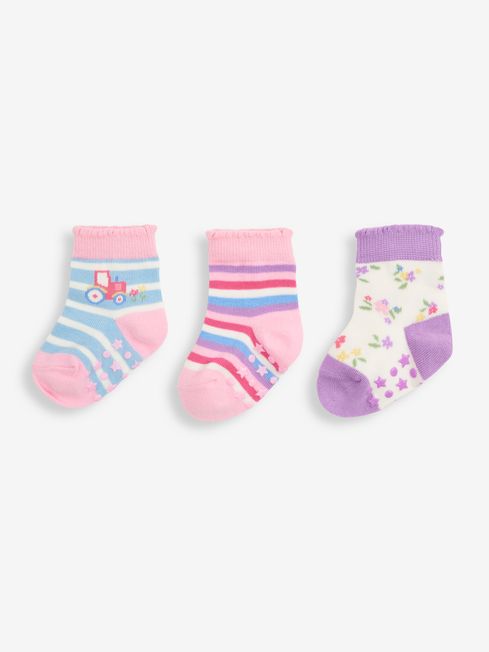 JoJo Maman Bébé Multi Girls' 3-Pack Pastel Tractor Cotton Rich Socks