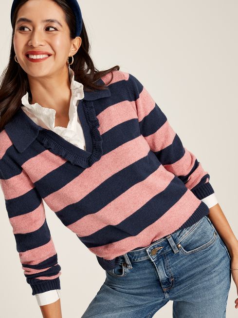 Buy Joules Maddie Striped V Neck Jumper with Collar from the