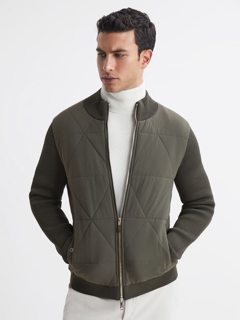 Reiss Forest Green Amos Hybrid Zip-Through Quilted Jacket
