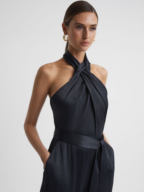 Reiss Midnight Navy Jules Satin Halter Neck Fitted Jumpsuit