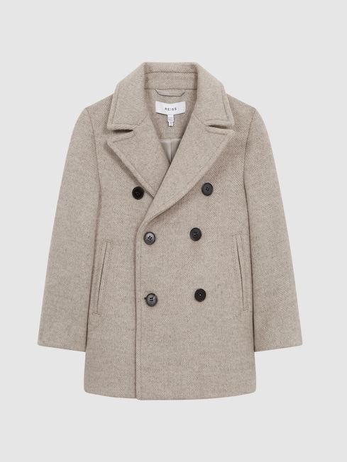 Senior Wool Blend Double Breasted Peacoat in Oatmeal REISS