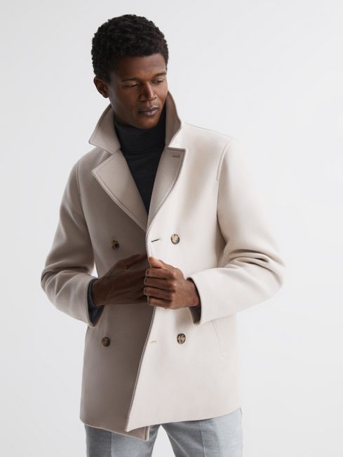 Reiss Ivory Wind Shearling Mid Length Pea Coat