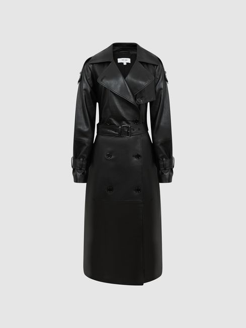 Reiss Black Maya Leather Trench Coat