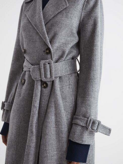 Reiss Grey Alexa Belted Blindseam Checked Trench Coat