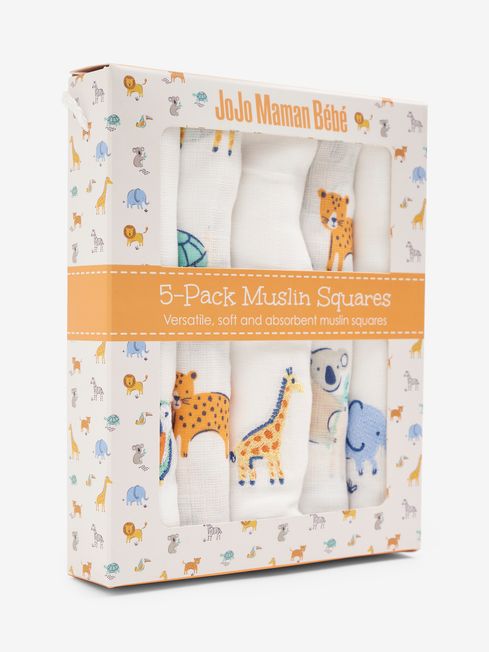 JoJo Maman Bébé White 5-Pack Safari Embroidered Muslins