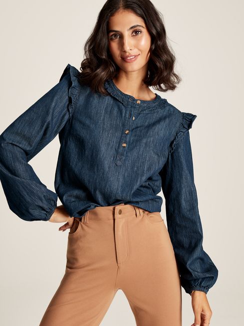 Buy Joules Remi Frill Shoulder Chambray Blouse from the Joules
