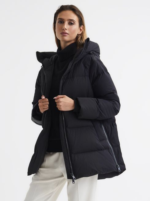 Mid Length Water Repellent Puffer Coat in Black