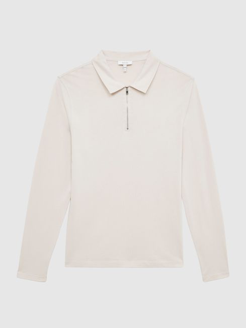 Textured Half Zip Long Sleeve Polo Shirt in Birch White - REISS